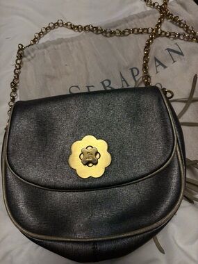 Eric Javits Black Crossbody with Gold Floral Turnlock